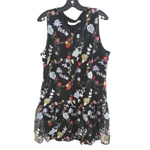 Contemporaine Black Floral Embroidered Drop Waist Ruffled Sleeveless Dress -XL